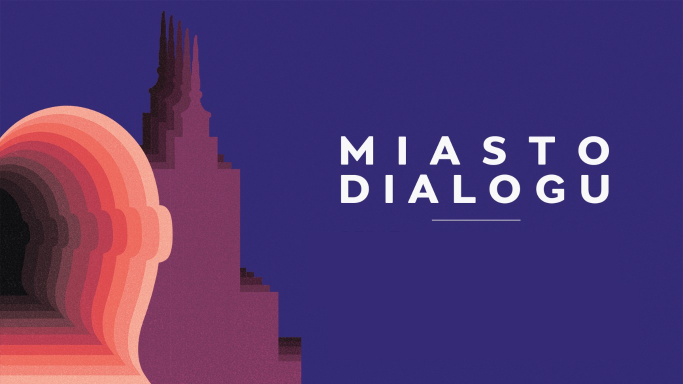 Miasto dialogu grafika na fioletowym tle komiks głowy człowieka oraz pałacu kultury