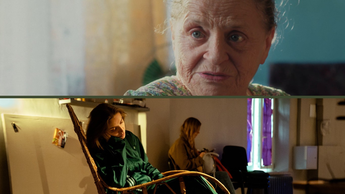 Grafika z dwoma zdjęciami, na pierwszym zdjęcie starszej kobiet, poniżej zdjęcie młodej, zamyślonej kobiety siedzącej na bujanym fotelu.