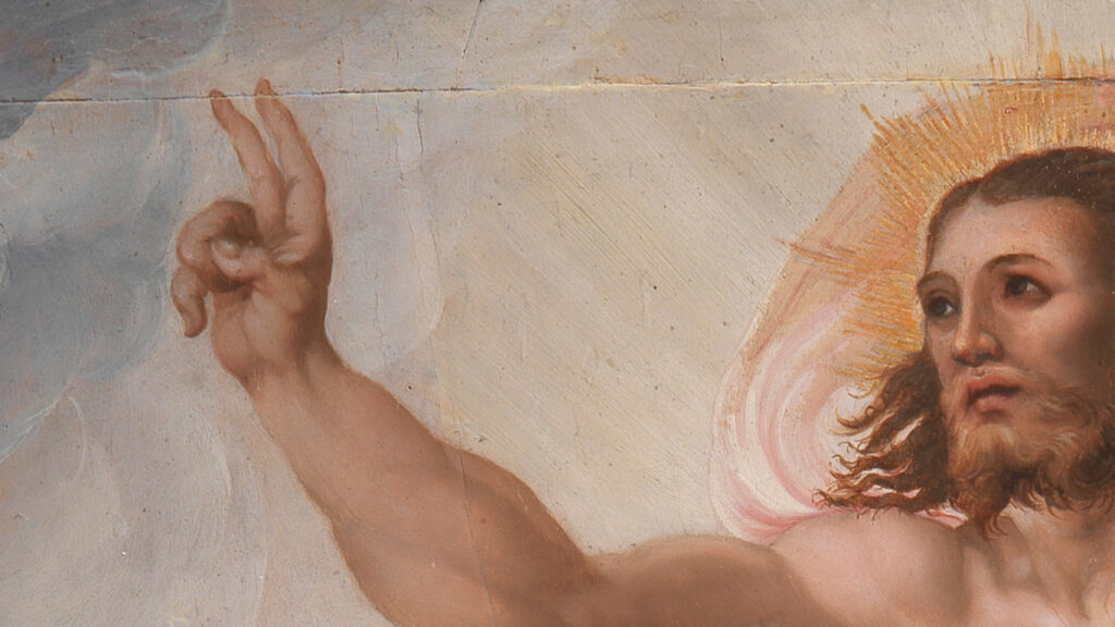 Grafika Jezusa z uniesioną błogosławiącą dłonią. w grafice wykorzystano fragment dzieła „Zmartwychwstanie Chrystusa” Pompeo Aquilano, XVI w.