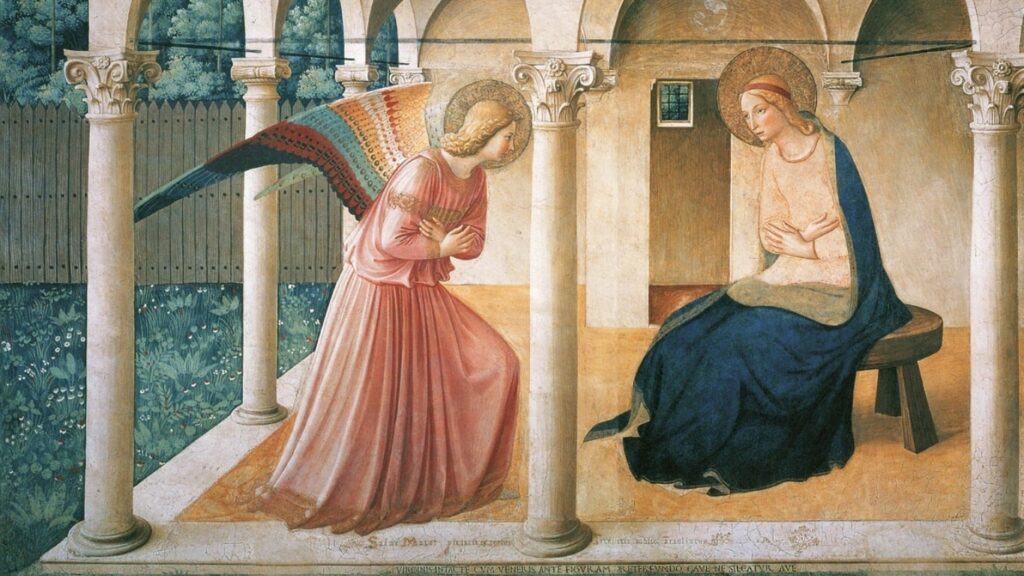 Obraz przedstawiający anioła klękającego przed Najświętszą Maryją Panną, scena zwiastowania